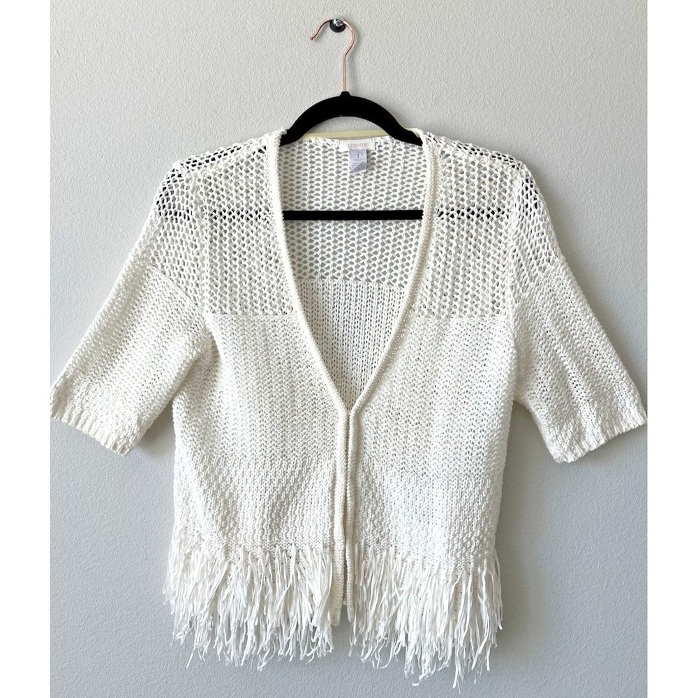 Chicos Textured Fringe Crochet Knit Cardigan Sweater Size 1 Med Boho Ivory H36